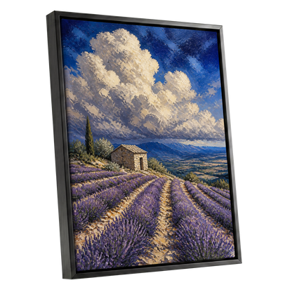 Lavender Under Vast Skies, blue, purple, beige nature wall art shown as a black framed canvas wall art