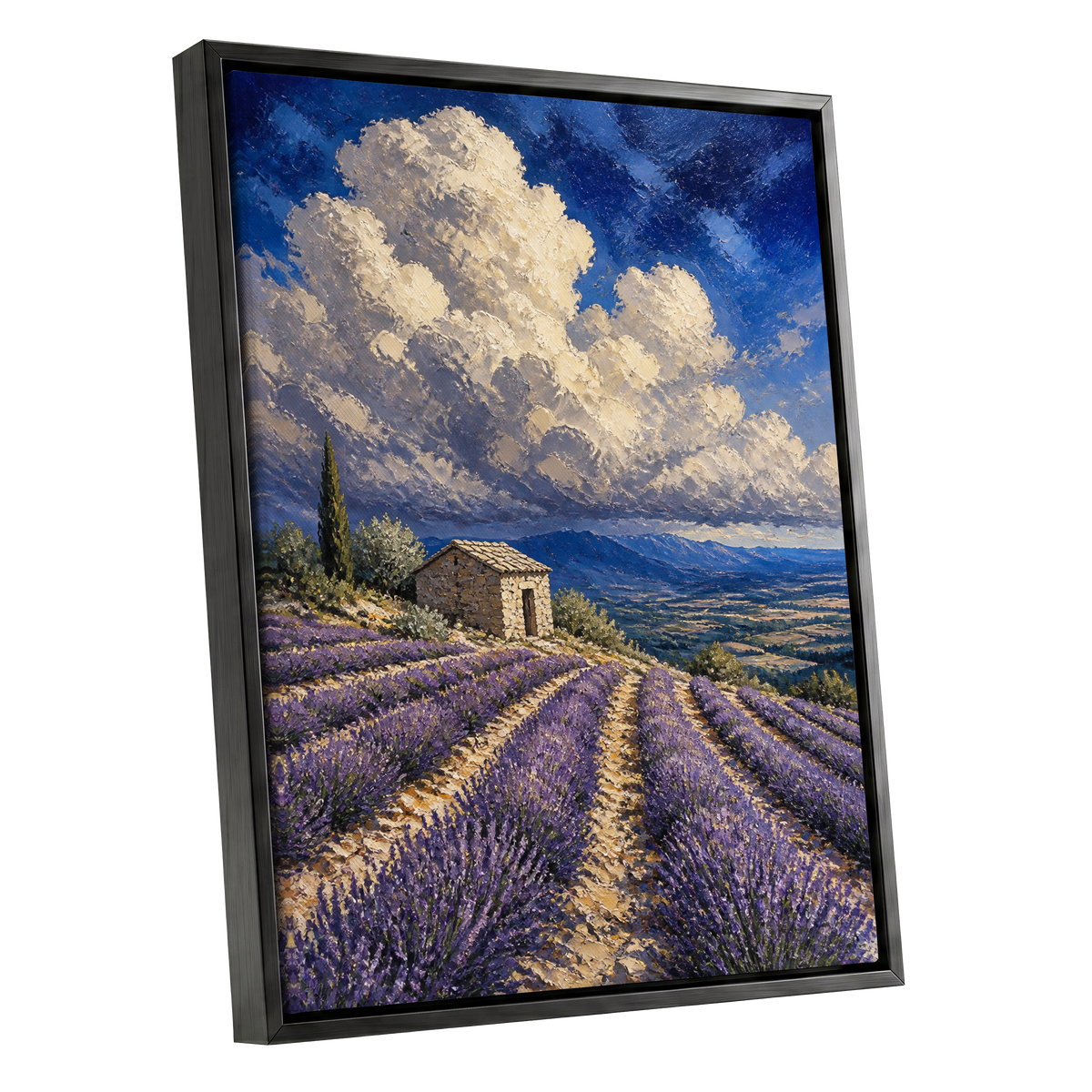 Lavender Under Vast Skies, purple, blue, white nature wall art shown as a black framed canvas wall art