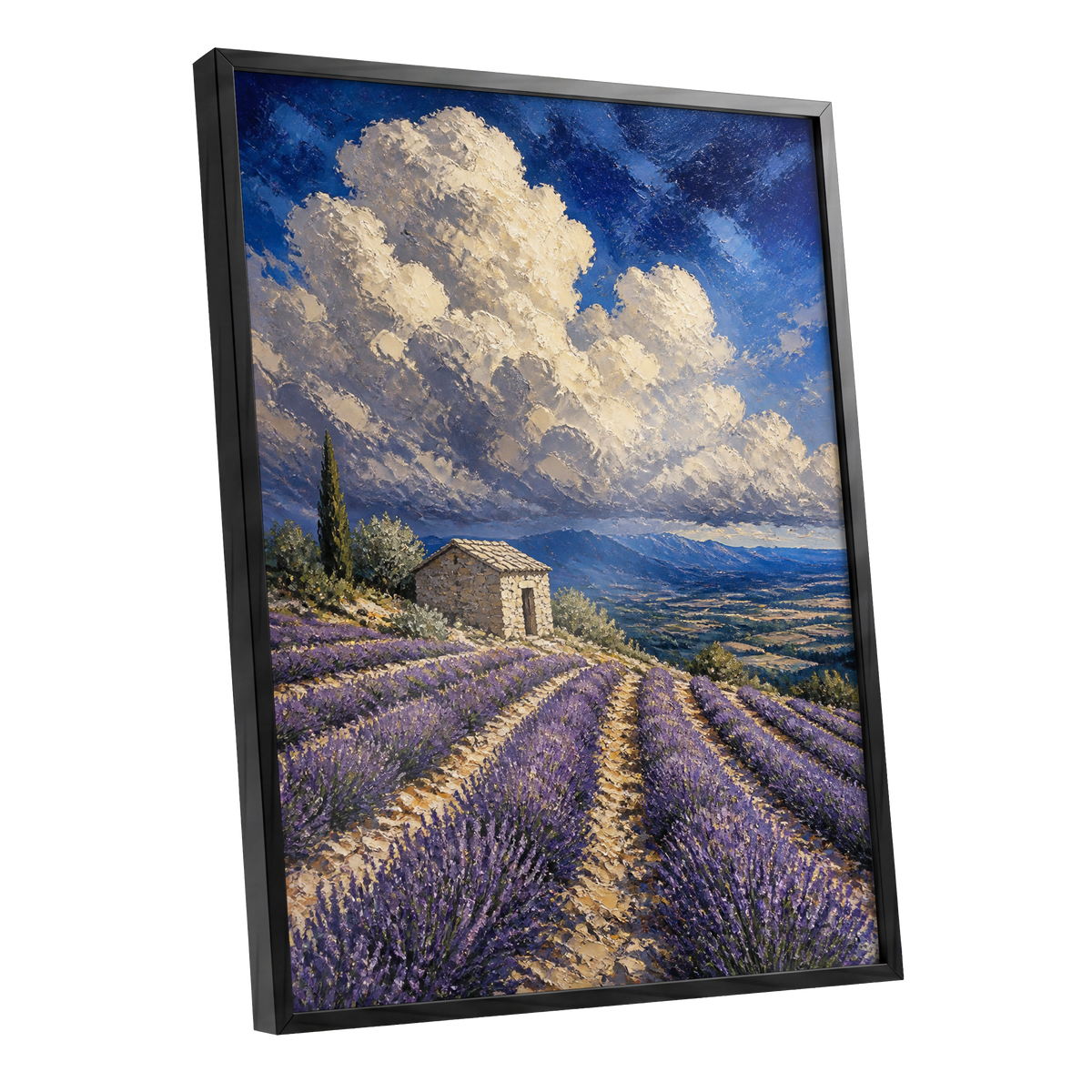 Lavender Under Vast Skies, blue, purple, beige nature wall art shown as a black framed poster wall art print