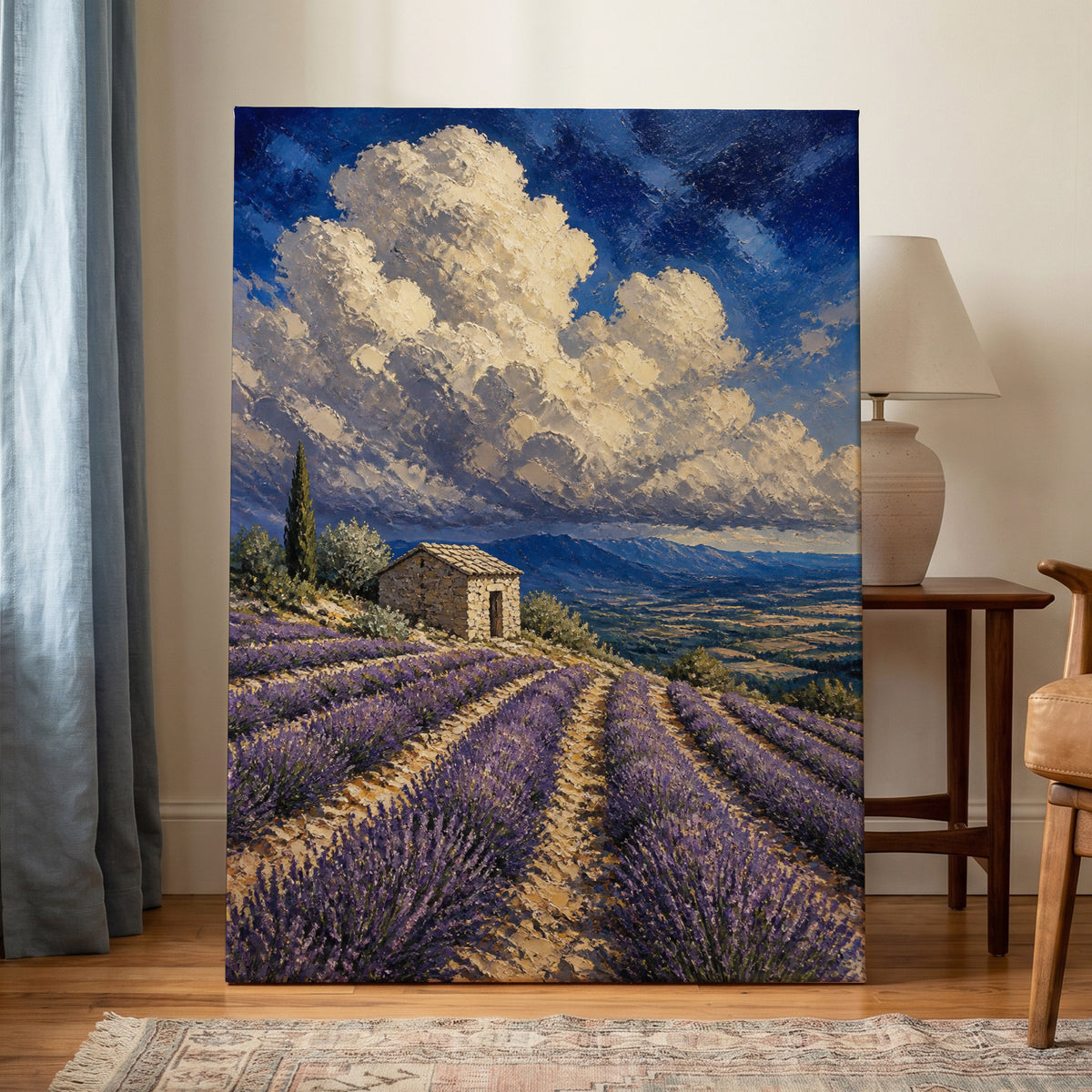 Lavender Under Vast Skies, blue, purple, beige nature wall art on canvas displayed in a styled interior, gallery view 1