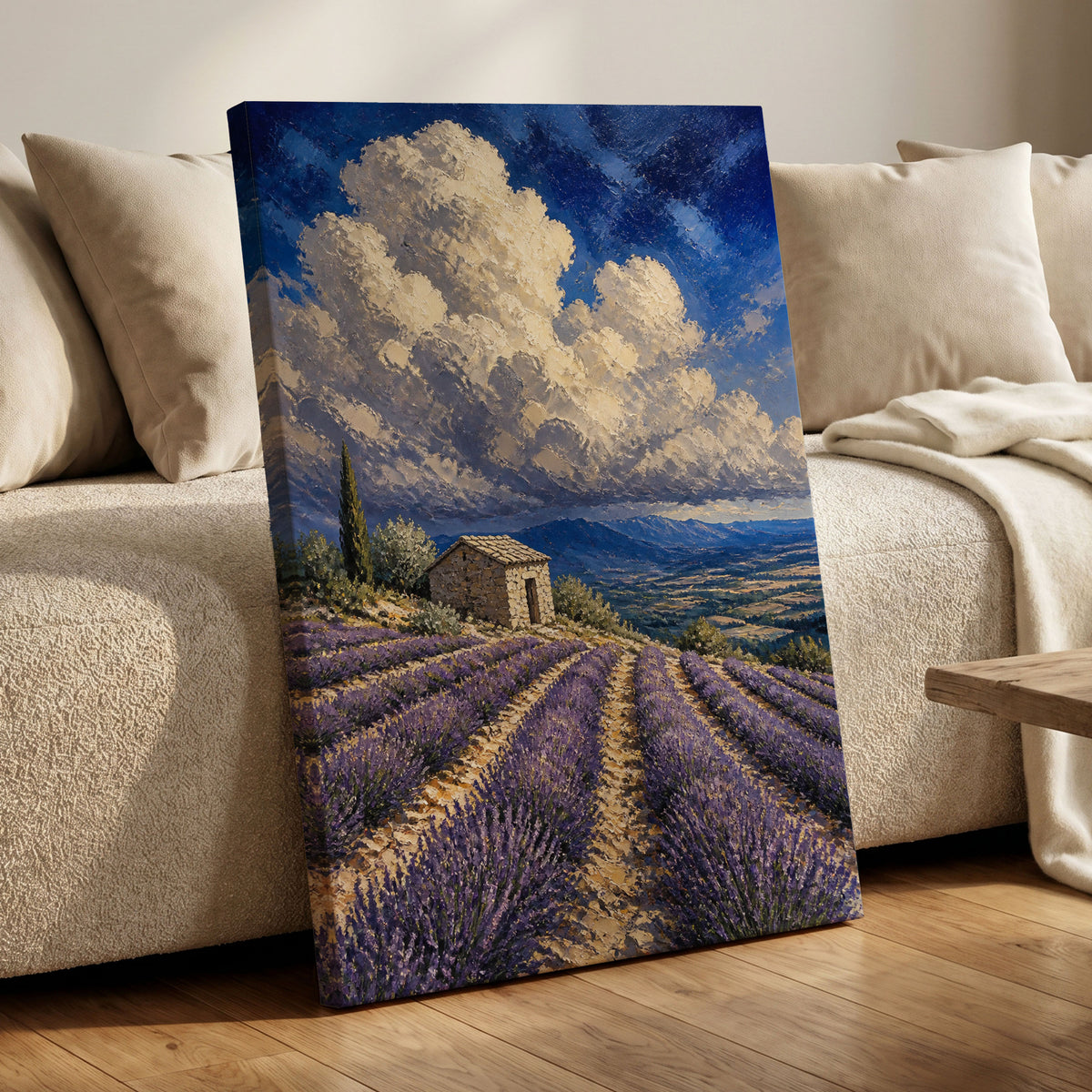 Lavender Under Vast Skies, purple, blue, white nature wall art on canvas displayed in a styled interior, gallery view 1
