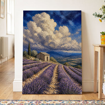 Lavender Under Vast Skies, blue, purple, beige nature wall art on canvas displayed in a styled interior, gallery view 2