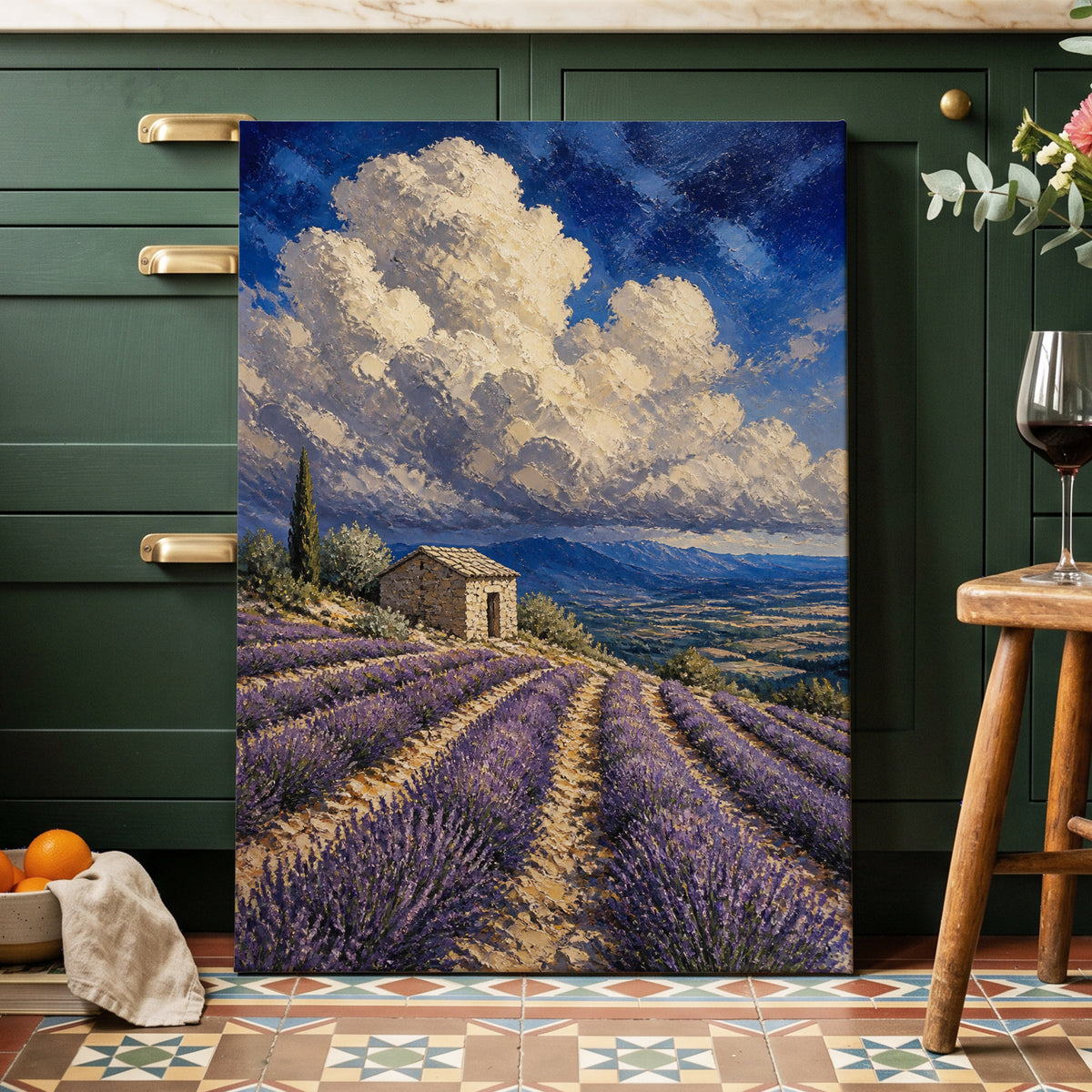 Lavender Under Vast Skies, purple, blue, white nature wall art on canvas displayed in a styled interior, gallery view 2