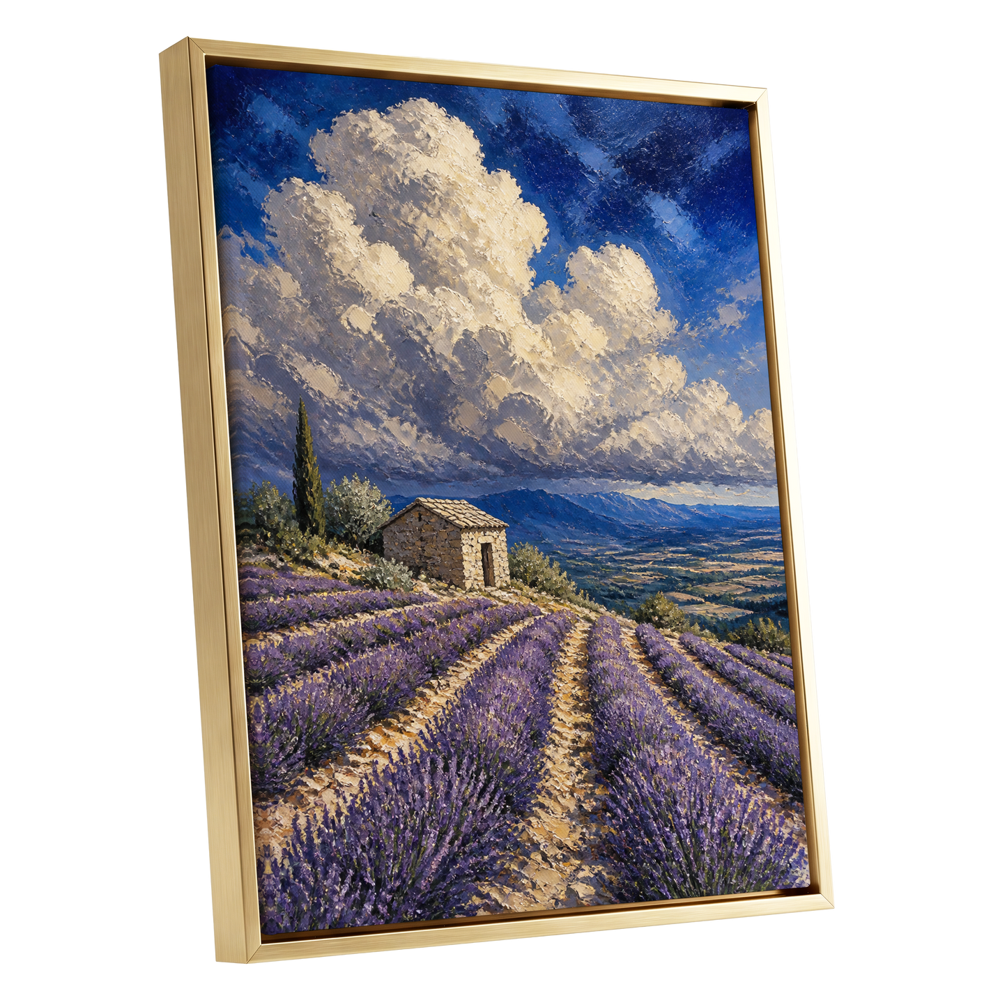 Lavender Under Vast Skies, blue, purple, beige nature wall art shown as a gold framed canvas wall art