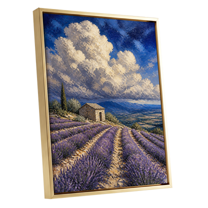 Lavender Under Vast Skies, blue, purple, beige nature wall art shown as a gold framed canvas wall art