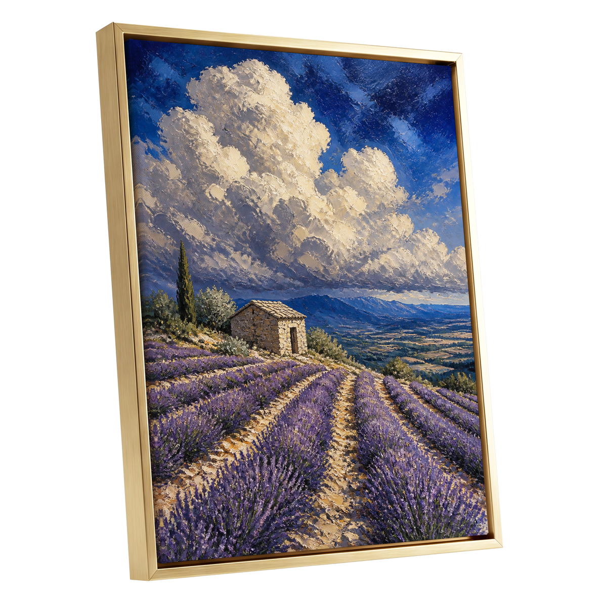 Lavender Under Vast Skies, purple, blue, white nature wall art shown as a gold framed canvas wall art