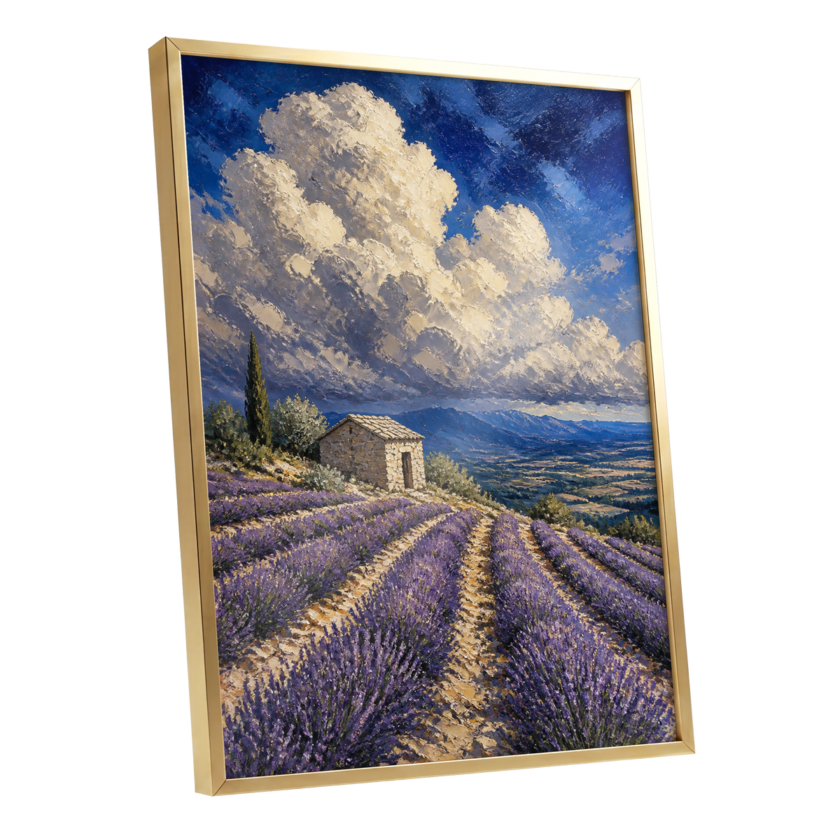 Lavender Under Vast Skies, purple, blue, white nature wall art shown as a gold framed poster wall art print