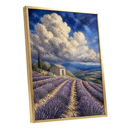 Lavender Under Vast Skies, purple, blue, white nature wall art shown as a gold framed poster wall art print