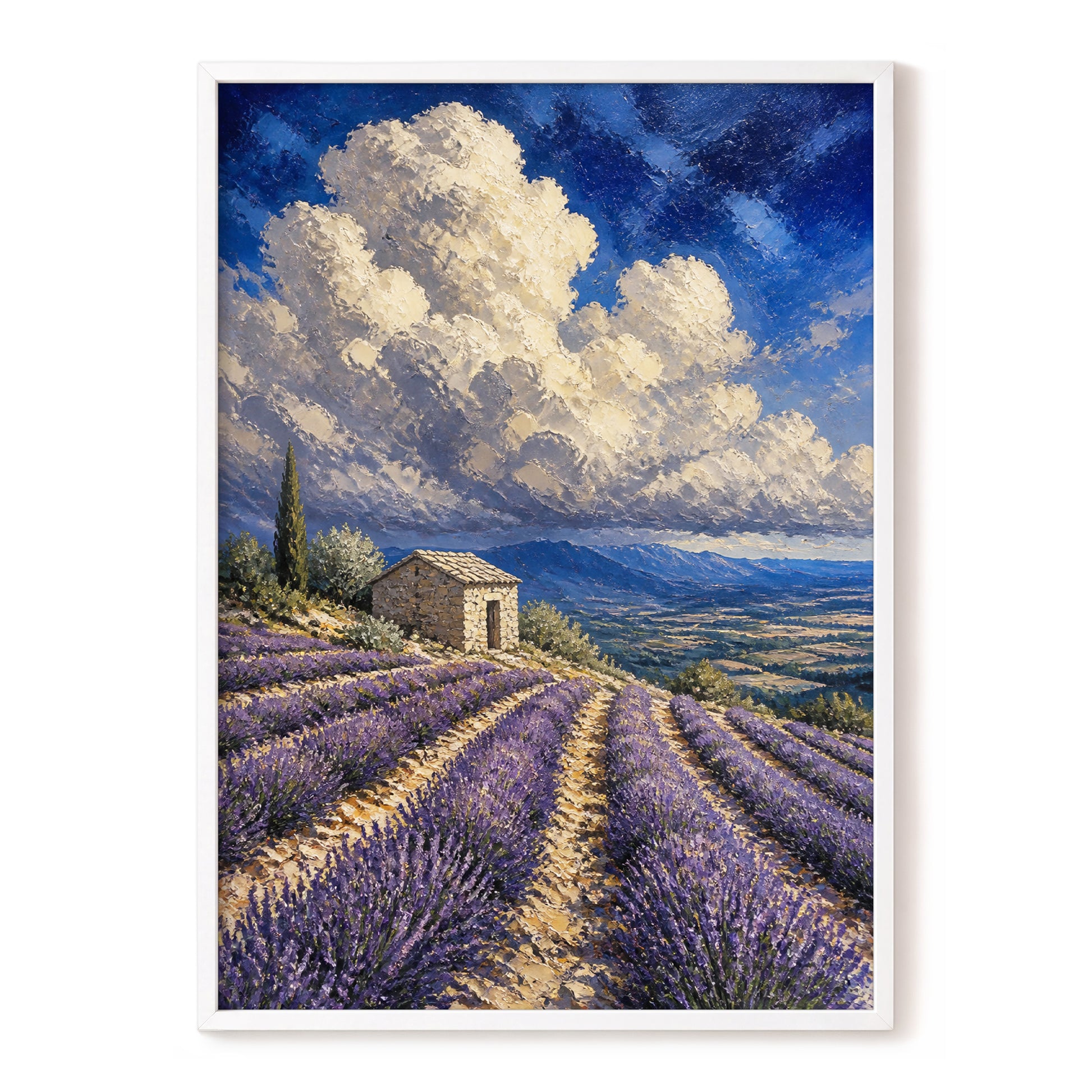 Lavender Under Vast Skies, blue, purple, beige nature wall art, front artwork view