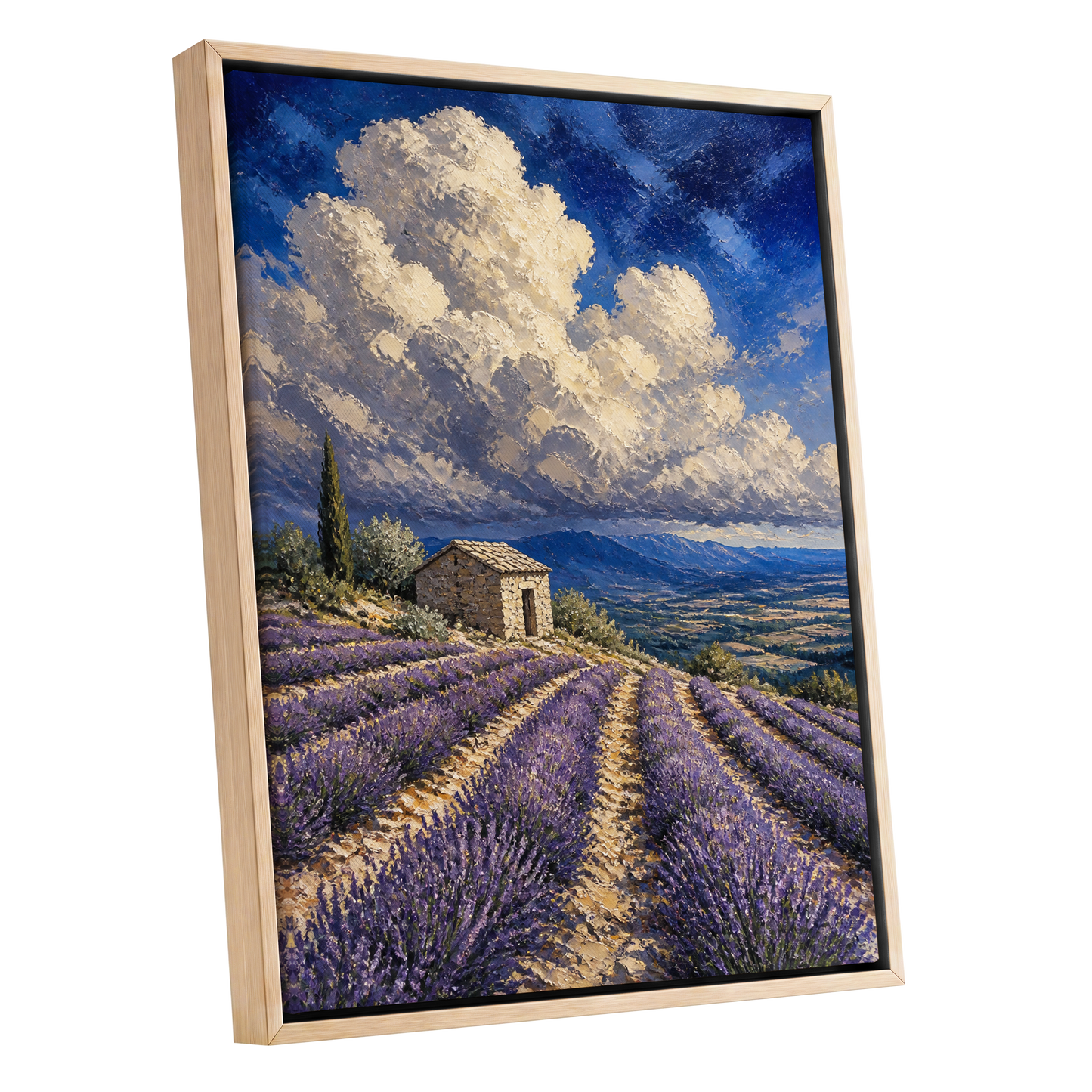Lavender Under Vast Skies, blue, purple, beige nature wall art shown as a oak framed canvas wall art