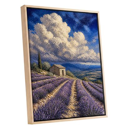 Lavender Under Vast Skies, blue, purple, beige nature wall art shown as a oak framed canvas wall art
