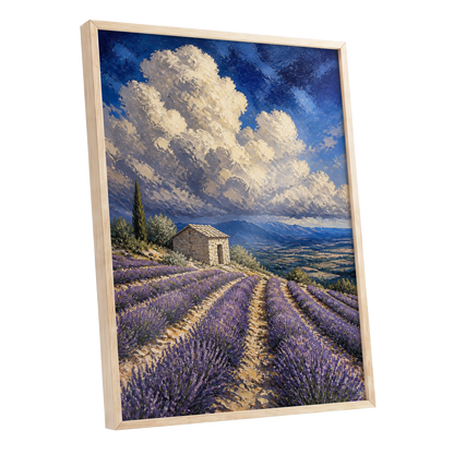 Lavender Under Vast Skies, blue, purple, beige nature wall art shown as a oak framed poster wall art print