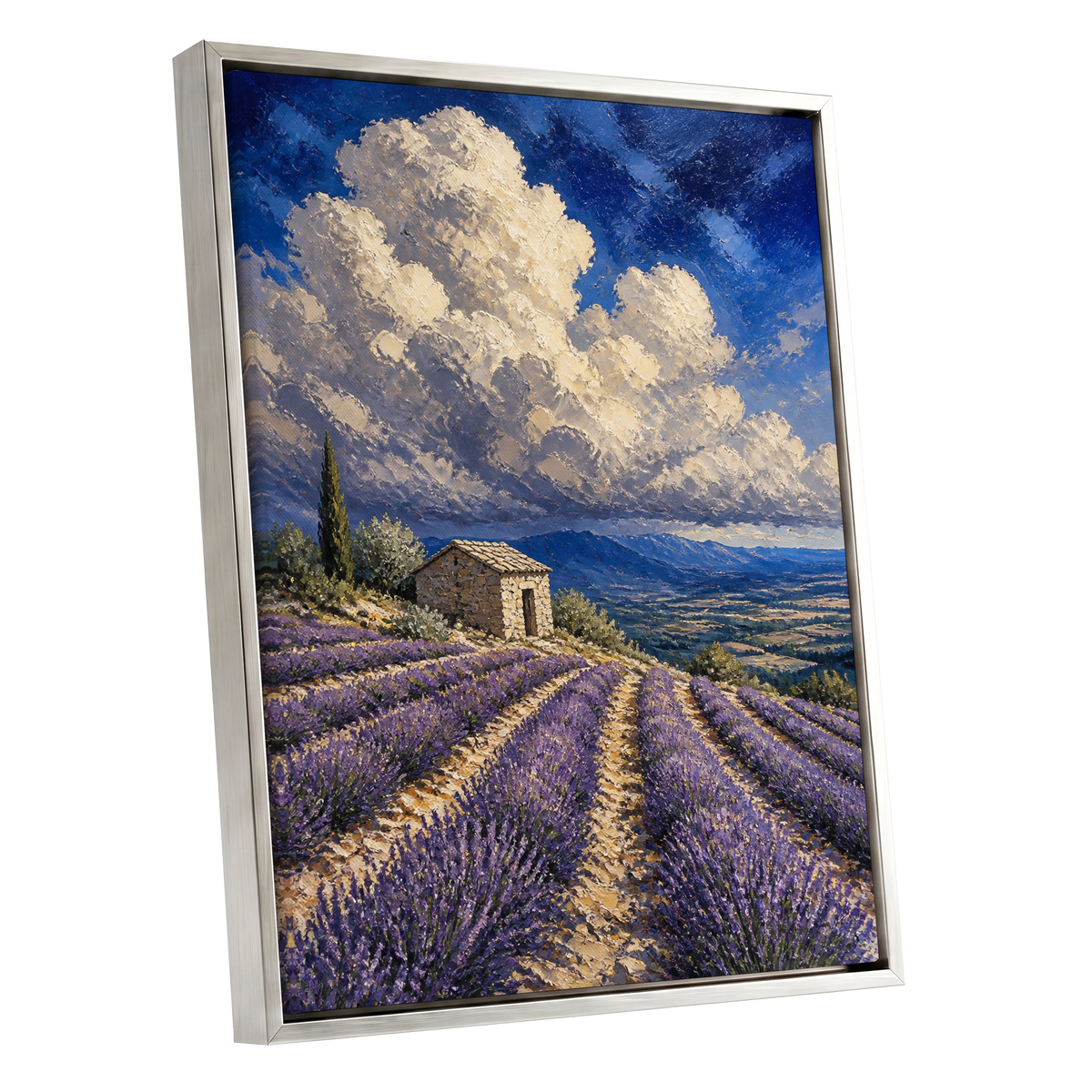 Lavender Under Vast Skies, blue, purple, beige nature wall art shown as a silver framed canvas wall art