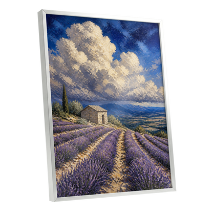 Lavender Under Vast Skies, blue, purple, beige nature wall art shown as a silver framed poster wall art print