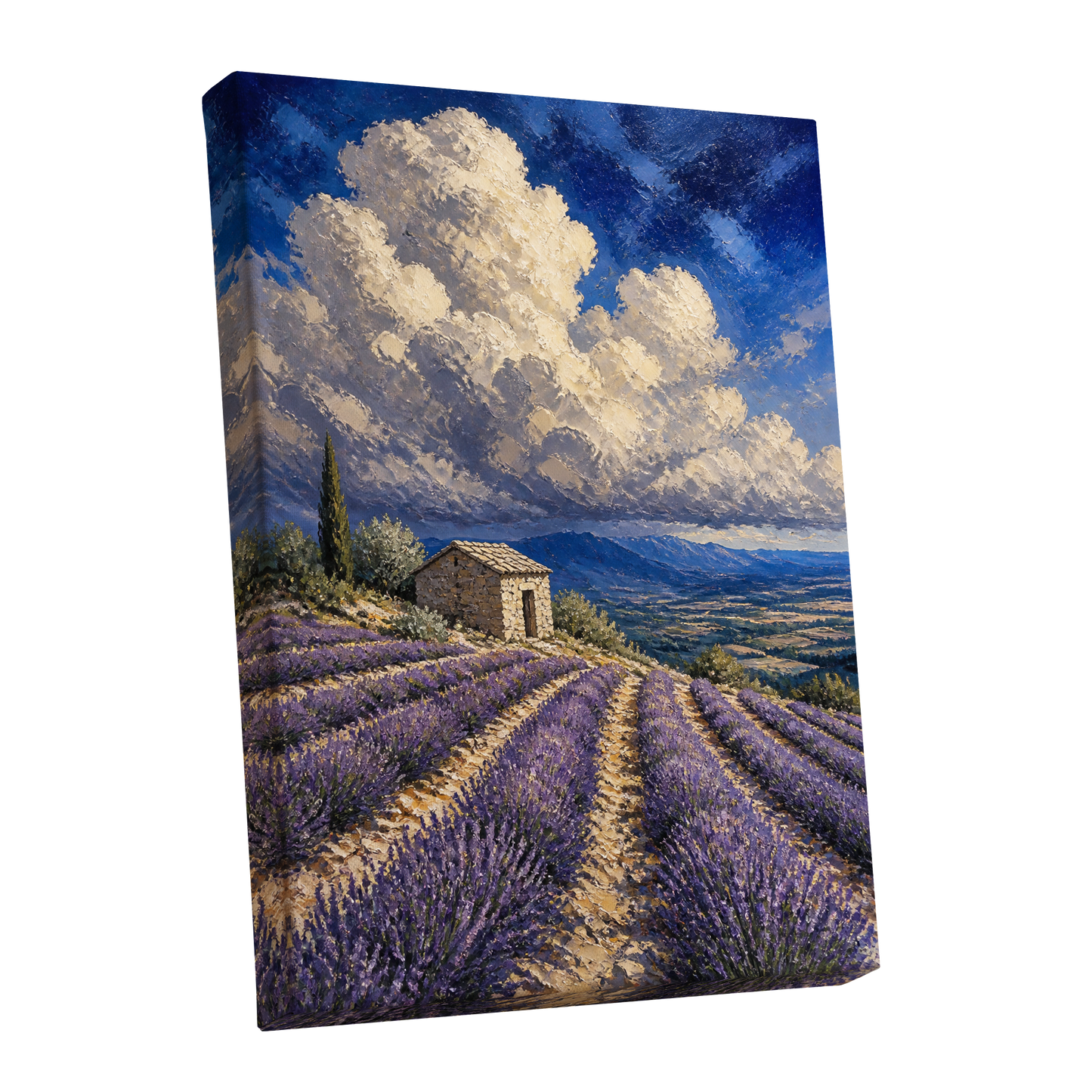 Lavender Under Vast Skies, blue, purple, beige nature wall art shown as a stretched canvas wall art