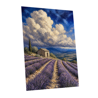 Lavender Under Vast Skies, blue, purple, beige nature wall art shown as a unframed poster wall art print