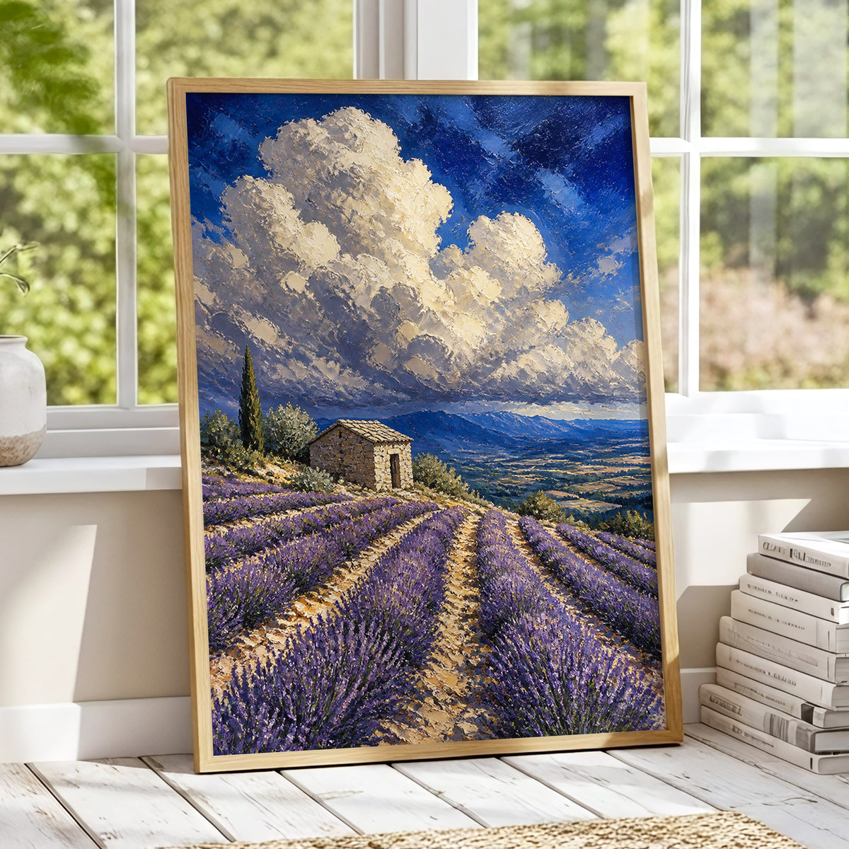 Lavender Under Vast Skies, blue, purple, beige nature wall art displayed in a styled interior, gallery view 1