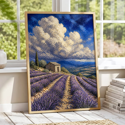 Lavender Under Vast Skies, blue, purple, beige nature wall art displayed in a styled interior, gallery view 1