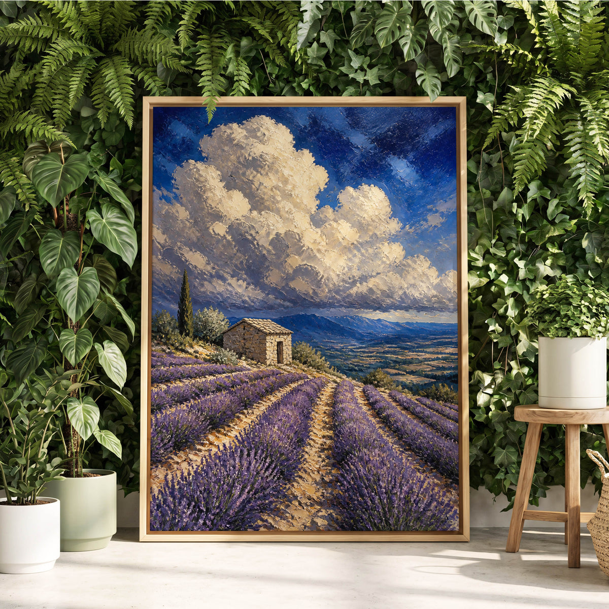 Lavender Under Vast Skies, purple, blue, white nature wall art displayed in a styled interior, gallery view 1