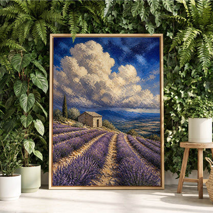 Lavender Under Vast Skies, purple, blue, white nature wall art displayed in a styled interior, gallery view 1