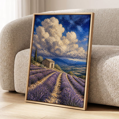 Lavender Under Vast Skies, blue, purple, beige nature wall art displayed in a styled interior, gallery view 2