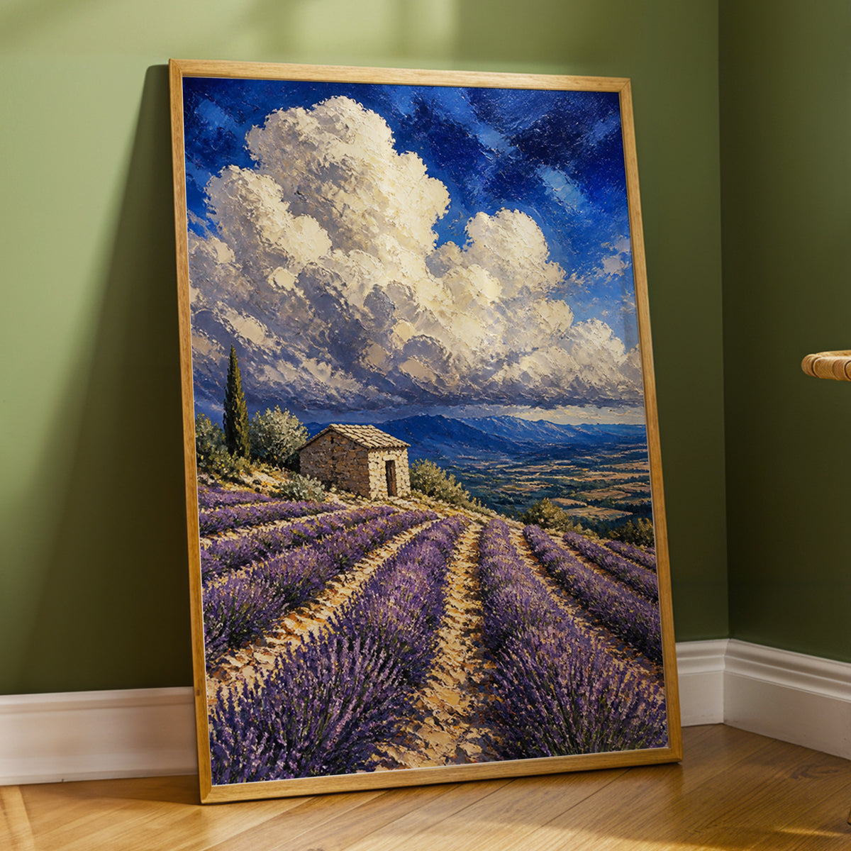 Lavender Under Vast Skies, purple, blue, white nature wall art displayed in a styled interior, gallery view 2