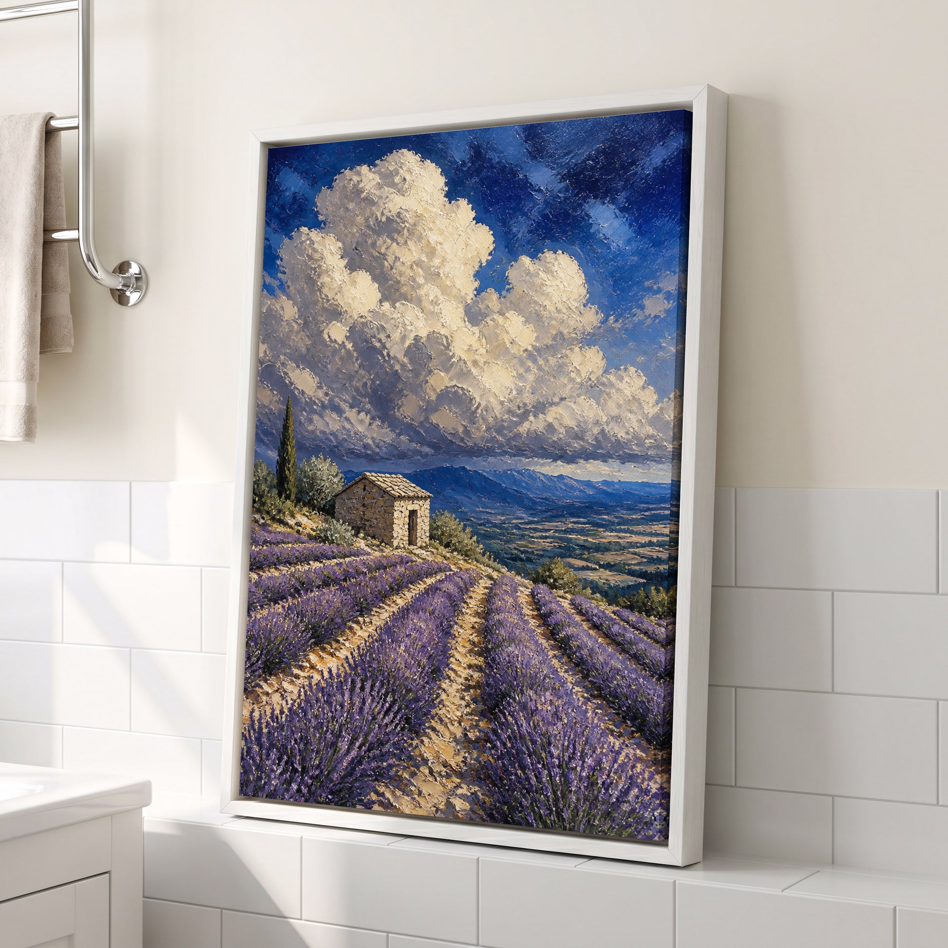 Lavender Under Vast Skies, blue, purple, beige nature wall art displayed in a styled interior, gallery view 3