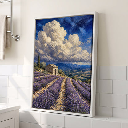 Lavender Under Vast Skies, blue, purple, beige nature wall art displayed in a styled interior, gallery view 3