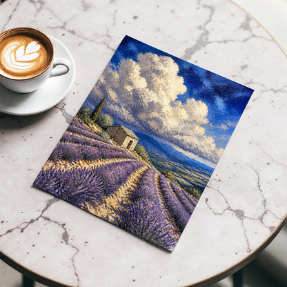 Lavender Under Vast Skies, purple, blue, white nature wall art displayed in a styled interior, gallery view 3
