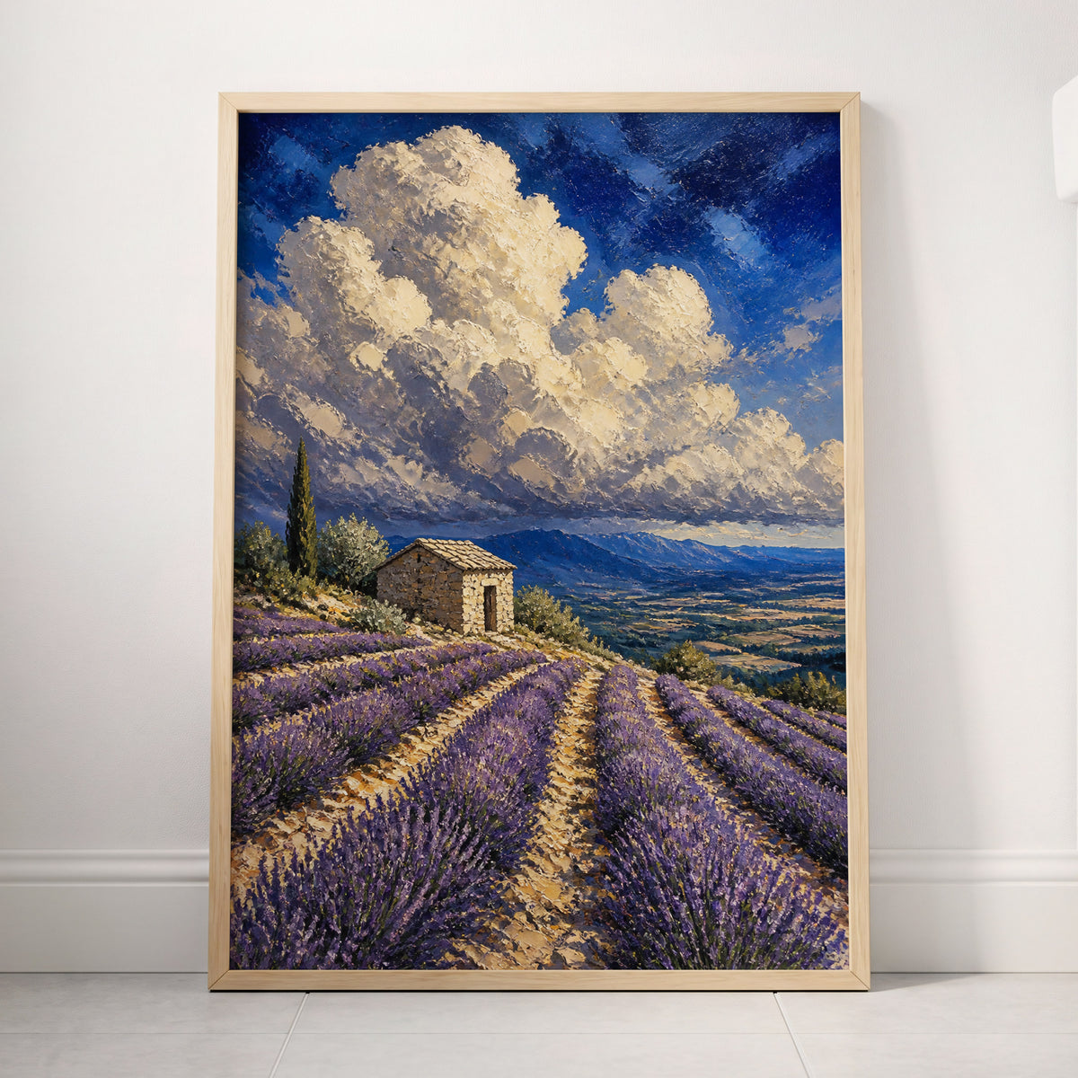 Lavender Under Vast Skies, blue, purple, beige nature wall art displayed in a styled interior, gallery view 4