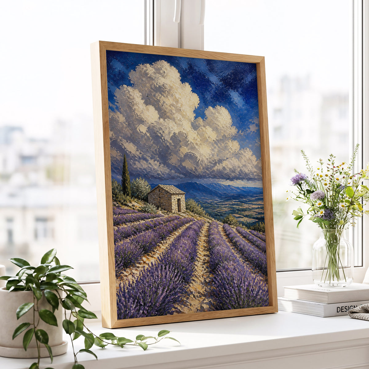 Lavender Under Vast Skies, purple, blue, white nature wall art displayed in a styled interior, gallery view 4