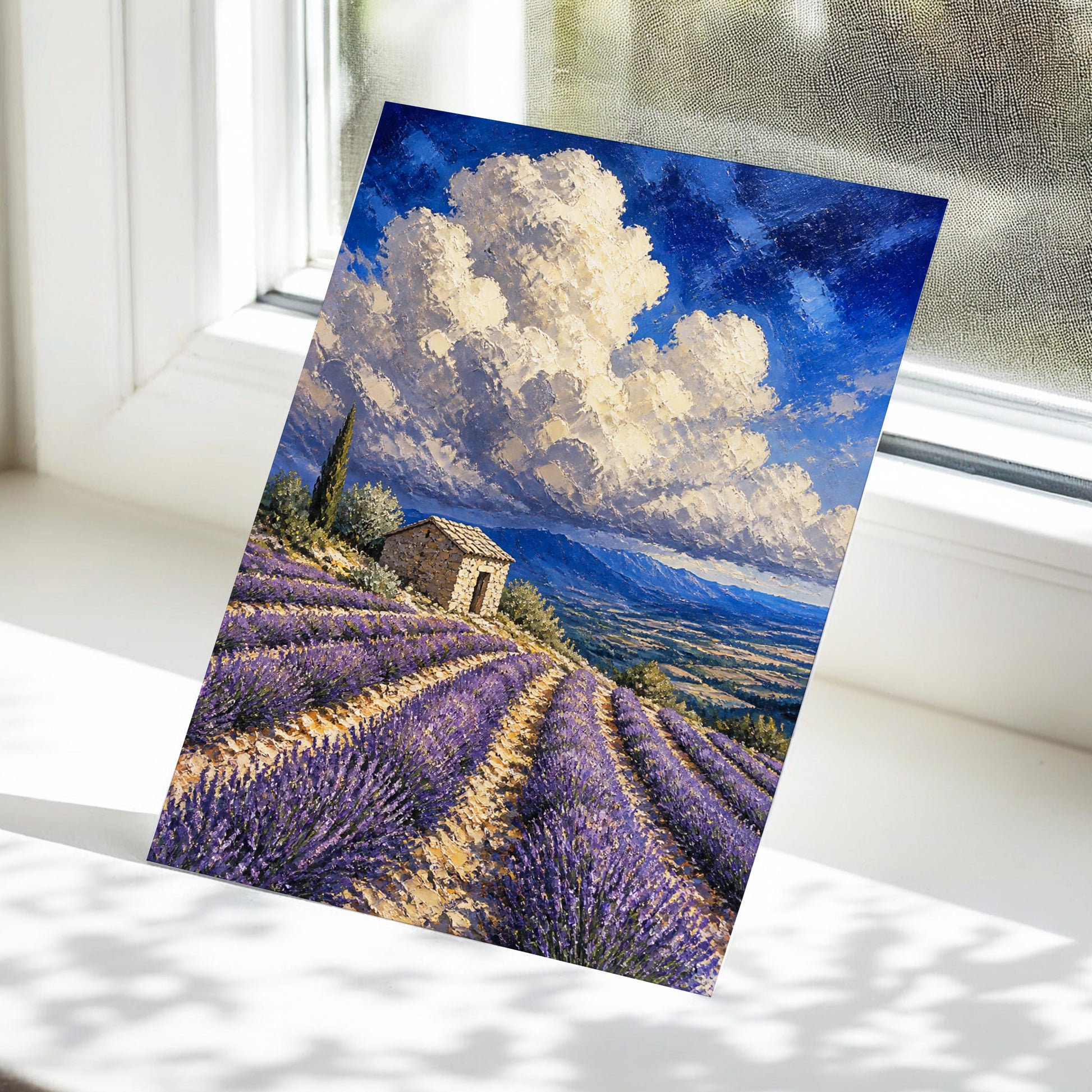 Lavender Under Vast Skies, blue, purple, beige nature wall art displayed in a styled interior, gallery view 5