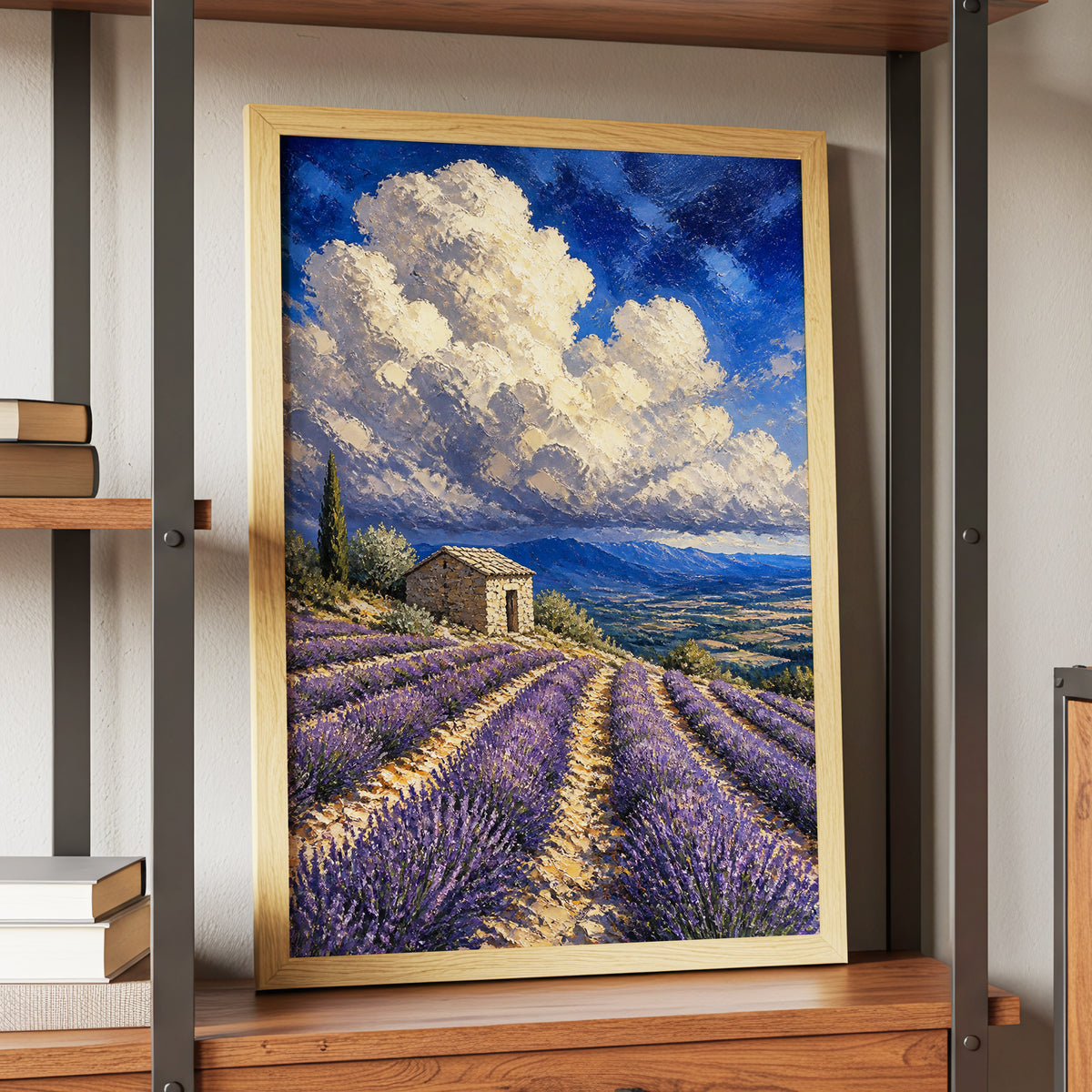 Lavender Under Vast Skies, purple, blue, white nature wall art displayed in a styled interior, gallery view 5