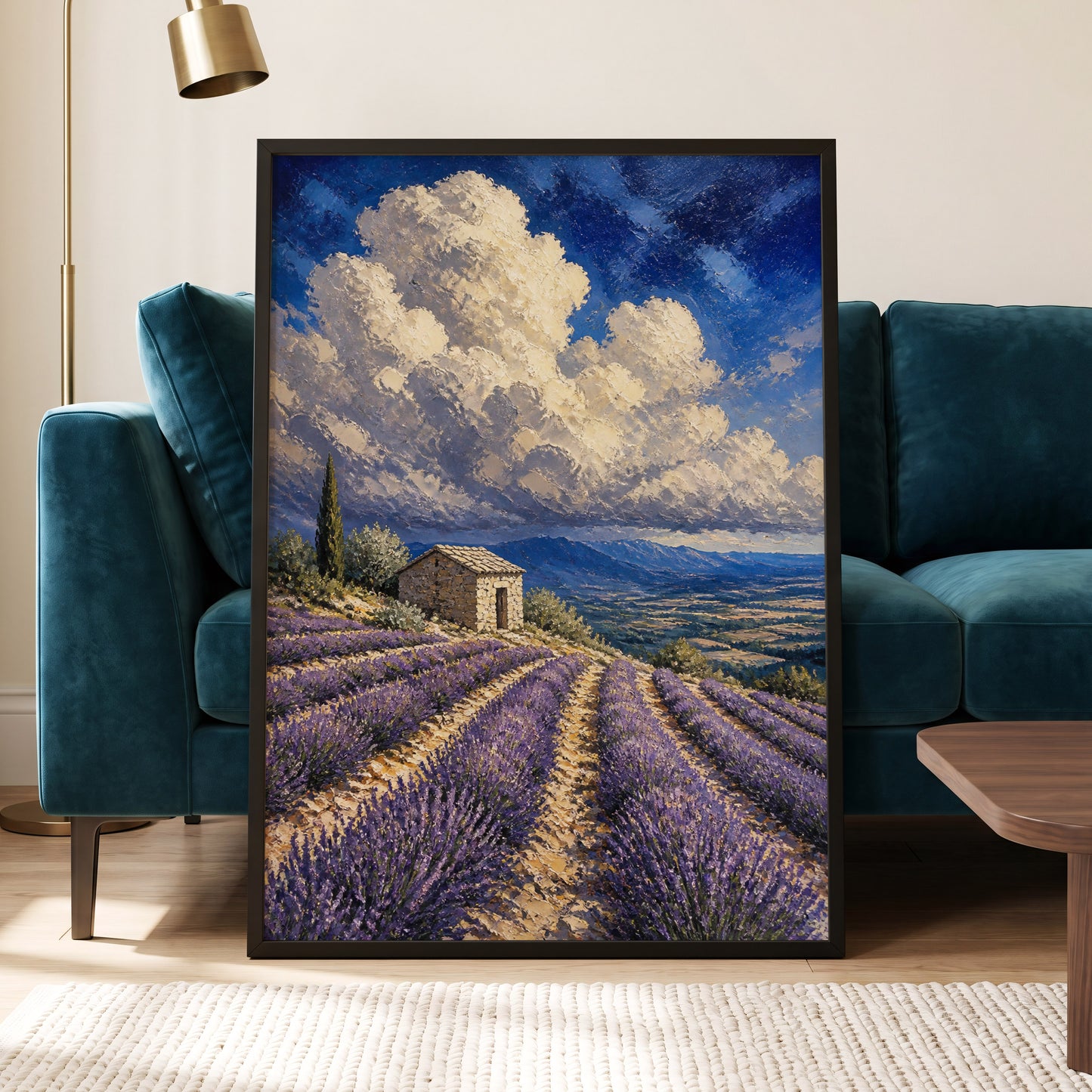 Lavender Under Vast Skies, blue, purple, beige nature wall art displayed in a styled interior, gallery view 6