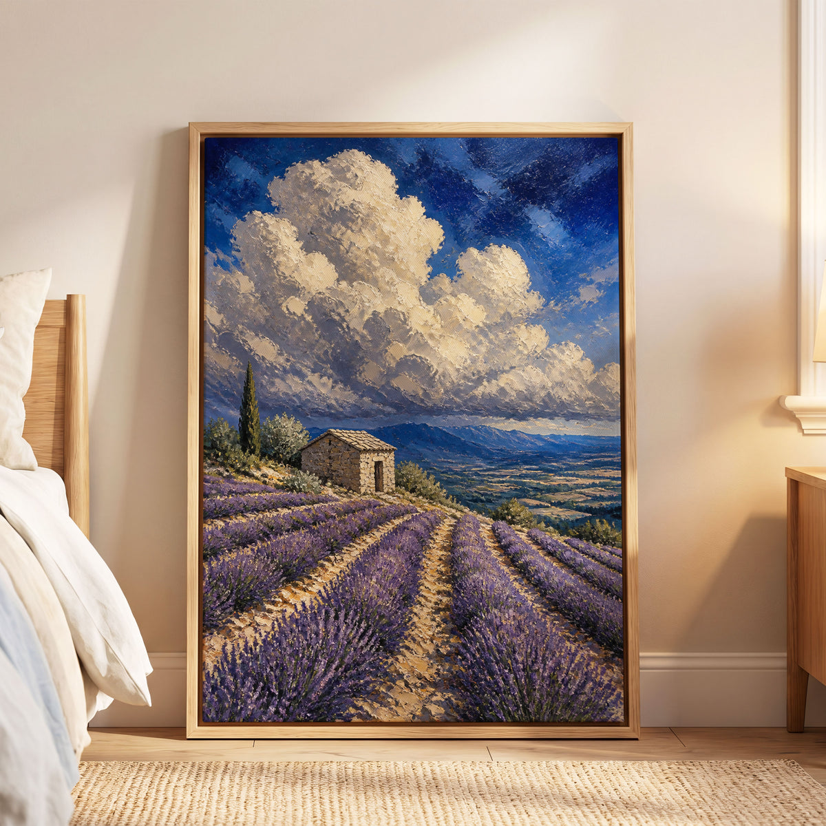 Lavender Under Vast Skies, purple, blue, white nature wall art displayed in a styled interior, gallery view 6