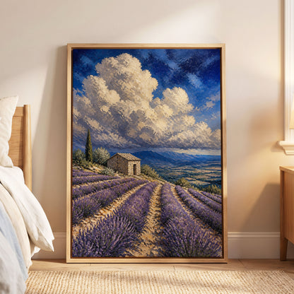 Lavender Under Vast Skies, purple, blue, white nature wall art displayed in a styled interior, gallery view 6