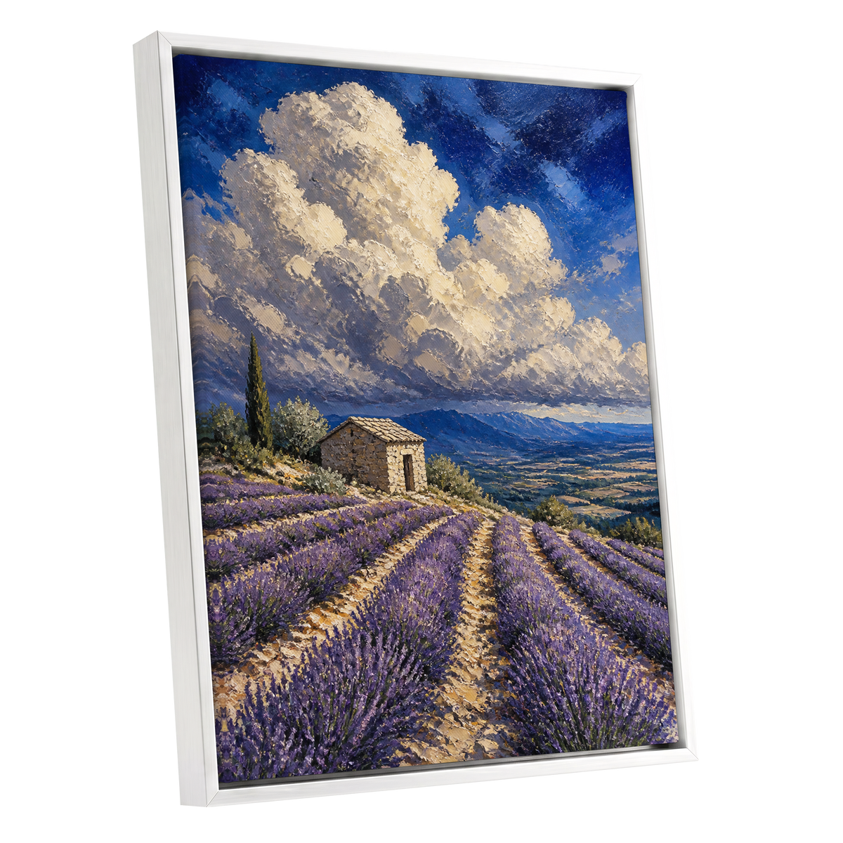 Lavender Under Vast Skies, blue, purple, beige nature wall art shown as a white framed canvas wall art