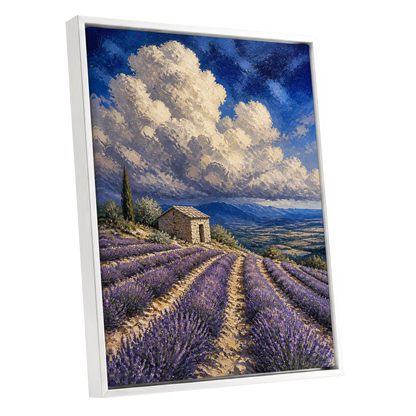 Lavender Under Vast Skies, blue, purple, beige nature wall art shown as a white framed canvas wall art
