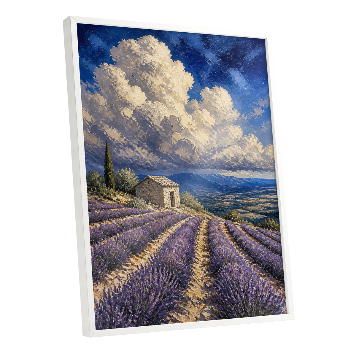 Lavender Under Vast Skies, blue, purple, beige nature wall art shown as a white framed poster wall art print