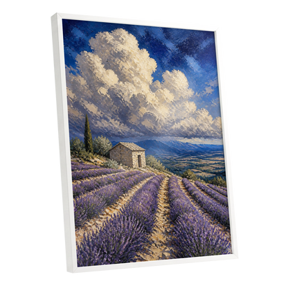 Lavender Under Vast Skies, purple, blue, white nature wall art shown as a white framed poster wall art print
