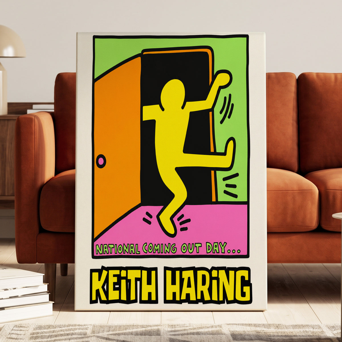 Leap Into Colour, black, yellow, green minimalist wall art on canvas displayed in a styled interior, gallery view 1