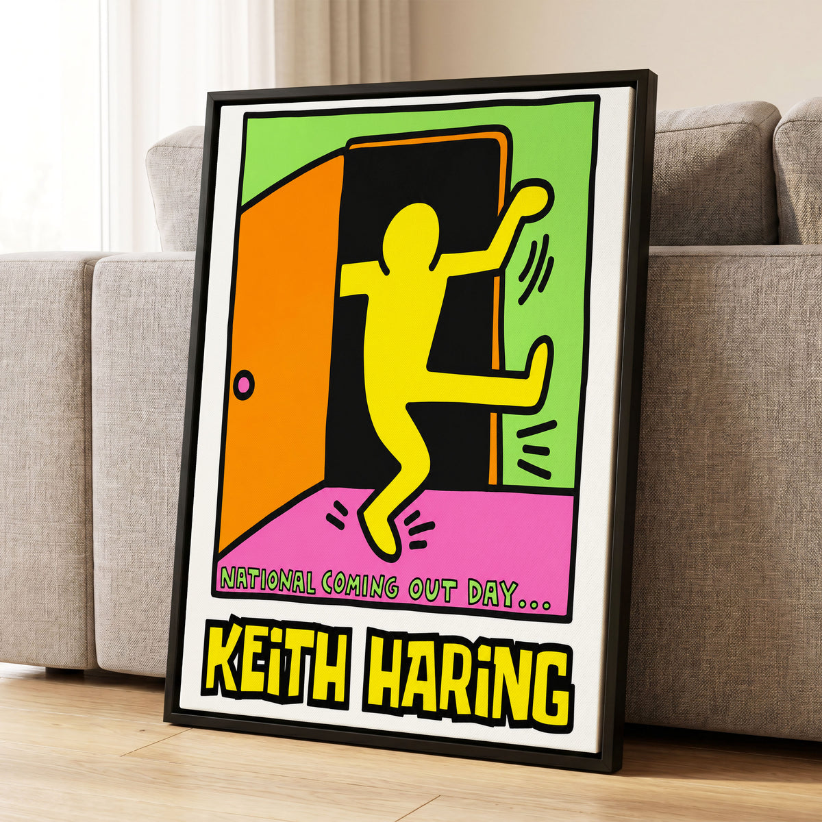 Leap Into Colour, black, yellow, green minimalist wall art displayed in a styled interior, gallery view 1