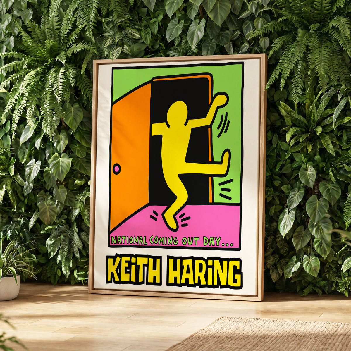 Leap Into Colour, black, yellow, green minimalist wall art displayed in a styled interior, gallery view 2