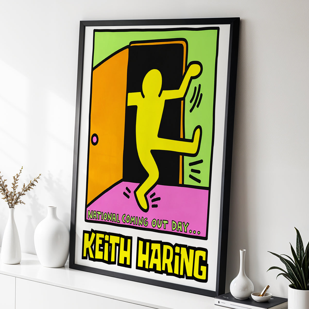 Leap Into Colour, black, yellow, green minimalist wall art displayed in a styled interior, gallery view 3
