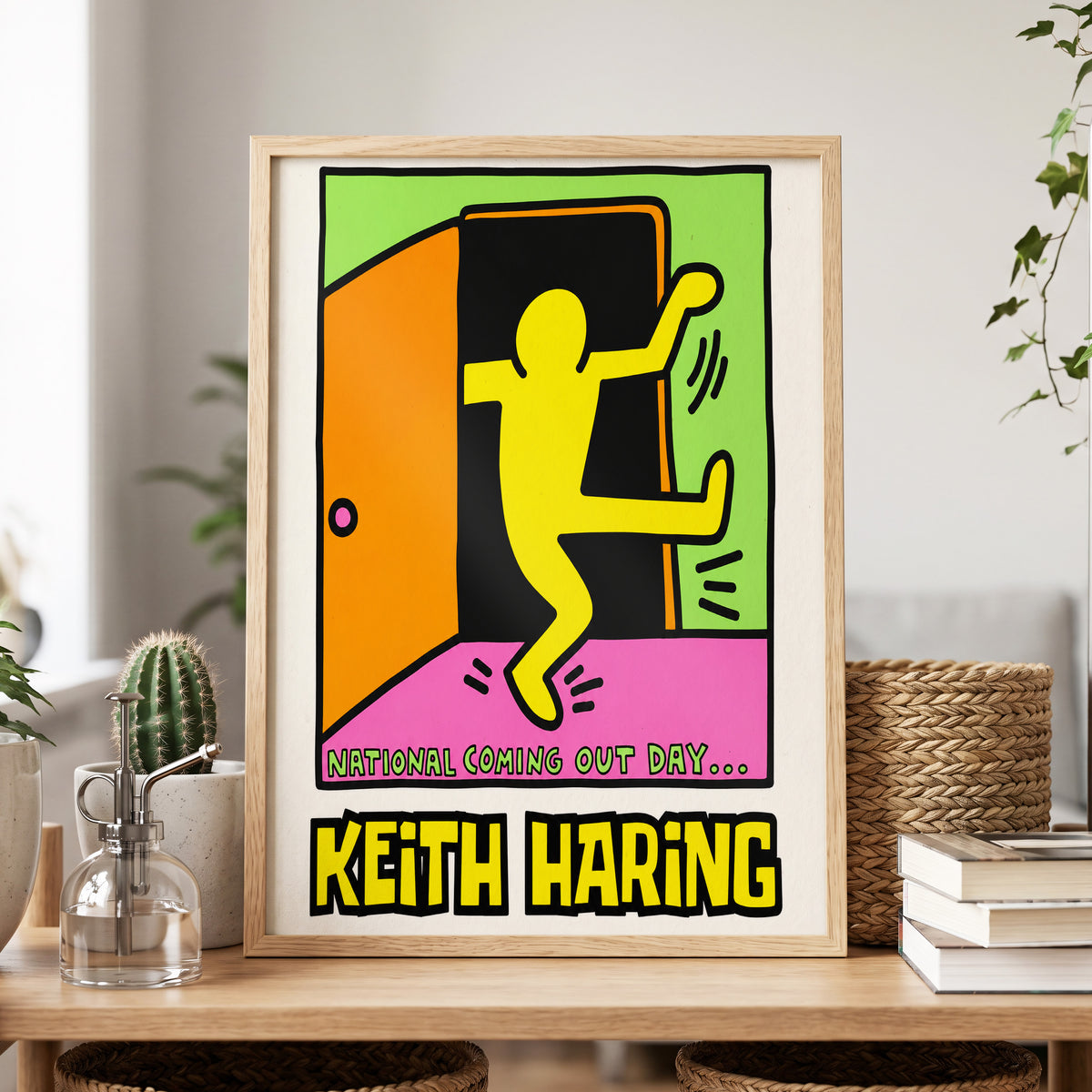 Leap Into Colour, black, yellow, green minimalist wall art displayed in a styled interior, gallery view 4