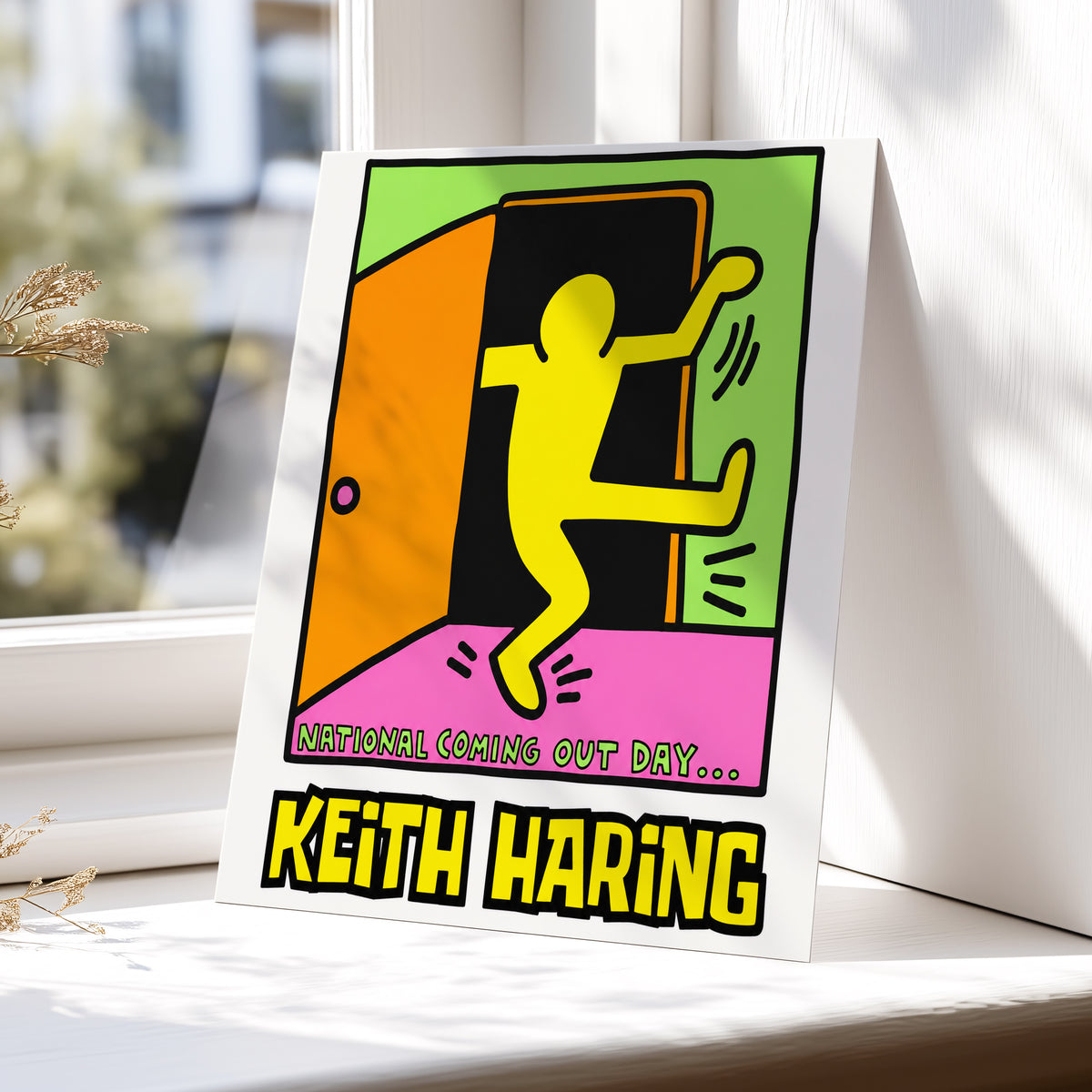 Leap Into Colour, black, yellow, green minimalist wall art displayed in a styled interior, gallery view 5