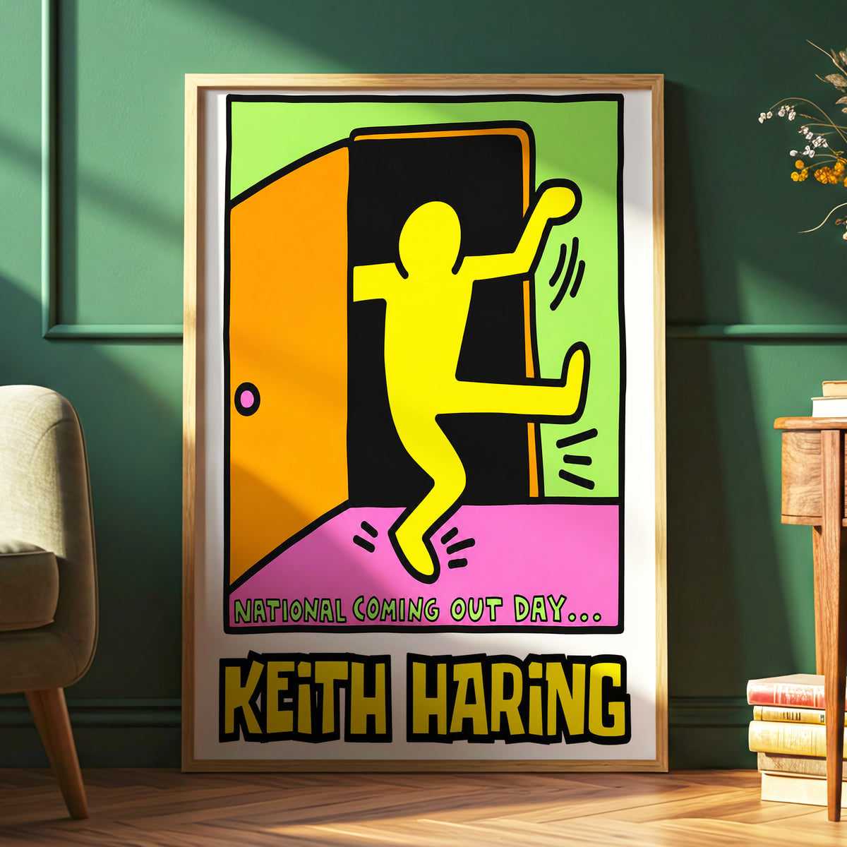 Leap Into Colour, black, yellow, green minimalist wall art displayed in a styled interior, gallery view 6