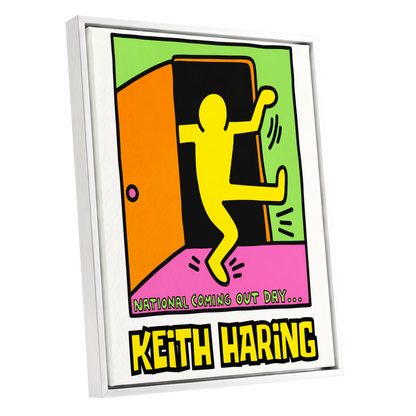 Leap Into Colour, black, yellow, green minimalist wall art shown as a white framed canvas wall art