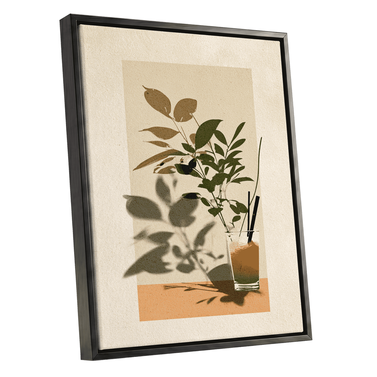 Leaves at Sundown, beige, green, orange nature wall art shown as a black framed canvas wall art