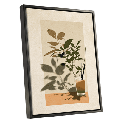Leaves at Sundown, beige, green, orange nature wall art shown as a black framed canvas wall art